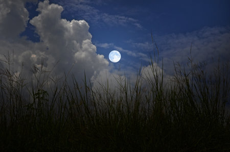 Beautiful full moon and white clouds in the nightの写真素材
