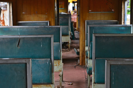 Blue pads and backrest of seats in old compartmentの写真素材