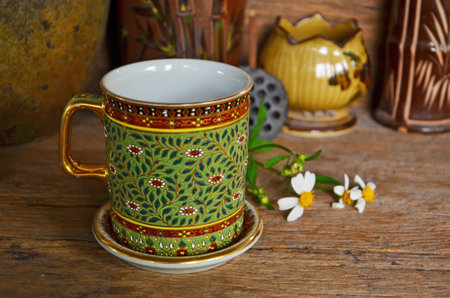 Beautiful porcelain glass with jar backgroundの写真素材