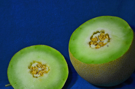 Fresh green fruit and seeds of melon on blue backgroundの写真素材