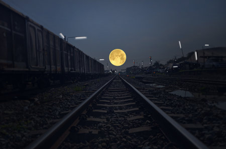 Big full moon over the track and trainの写真素材