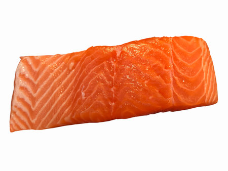Red salmon fillet on white backgroundの写真素材