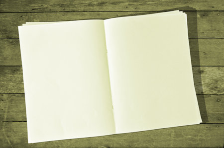 Blank book with fade black shadow on old wooden background