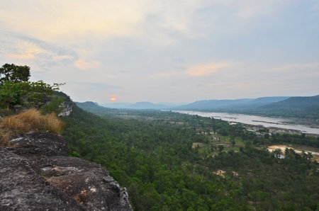 Bird eye view of morning atmosphere of tropical forest and river in Asiaの写真素材