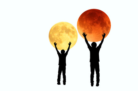 Men carry yellow and red moons on white background