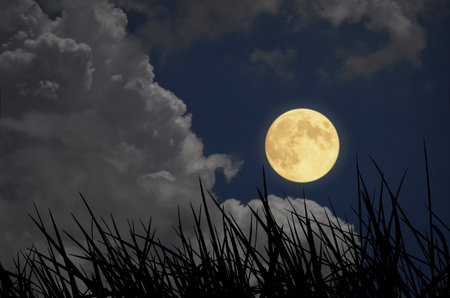 Romantic full moon with white clouds in blue skyの写真素材