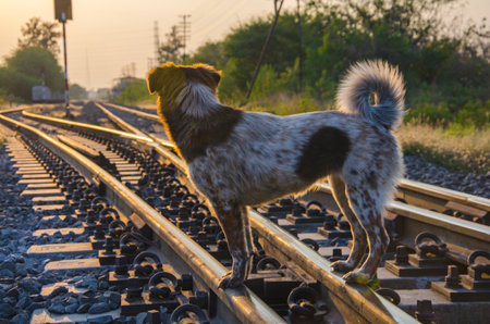 Watching dog on railway in the eveningの写真素材