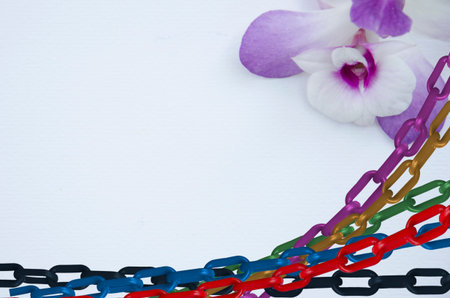 Colored chains and beautiful violet flowerの写真素材