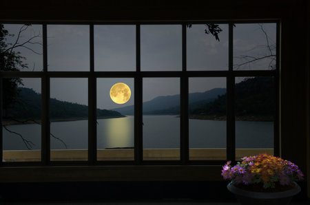 Beautiful full moon over the river in window viewの写真素材