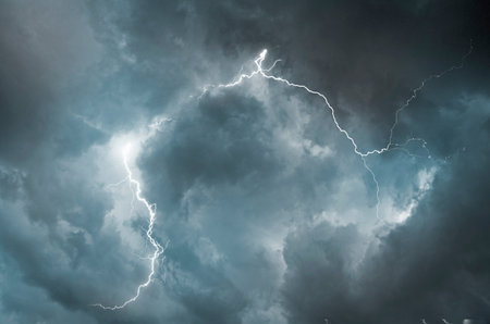 Scary lightnings and clouds in monsoon seasonの写真素材