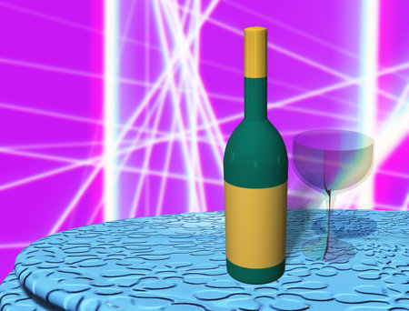 Green wine bottle on blue table with white lines on violet  backgroundの写真素材
