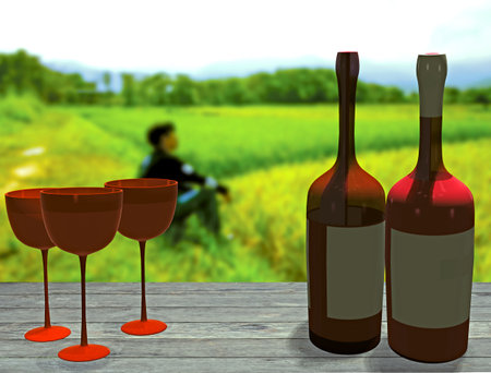 3D red bottles and glasses on the floor with green rice field backgroundの写真素材