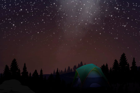 Camping tent with conifer forest under beautiful stars in night skyの写真素材