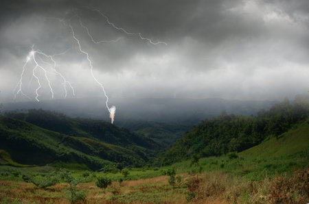 Dangerous lightning storm over the mountains in Asia