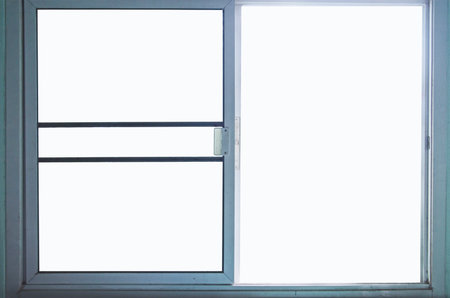 Soft blue window frame with clear glasses on white backgroundの写真素材