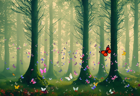 Chaotic world but beautiful of flying butterflies in muted forestin fog, AI generatedの素材