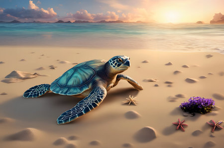 Stunning 3D illustration of sea turtle on calm sandy beach near the sea in morning light, AI geneatedの素材