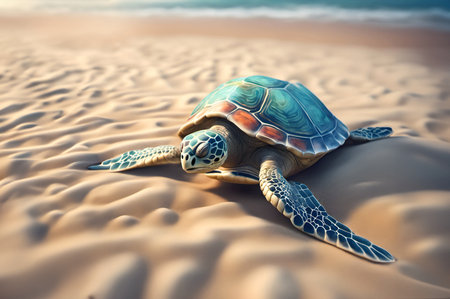 Stunning 3D vibrant colors iluustration of sleeping sea turtle on calm sandy beach in sunlight, AI generatedの素材