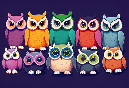 Beautiful vibrant ten realistic Chibi night owls standing in next to each other, each owl has feathers wit, AI generatedの素材
