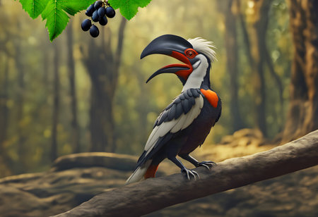 3D style, beautiful hornbill on branch and wild grapes in forest, AI generatedの素材