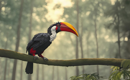 Ultra realistic 3D style, beautiful hornbill bird on branch of tree in forest, AI generatedの素材