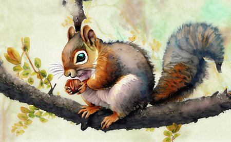 Water color painting of a beautiful squirrel with bright eyes eats nut on branch, AI generatedの素材