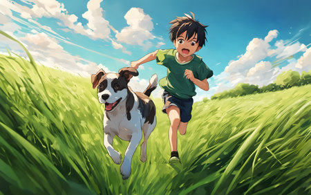 Happy running boy and a dog in green grass field with cloudy sky background, AI generatedの素材