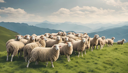 Beautiful sheep herd in grass field on the hill with mountains and cloudy sky background, AI generatedの素材