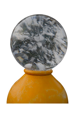 Glass orb with a textured with somewhat cloudy interior, mounted on a yellow jar base