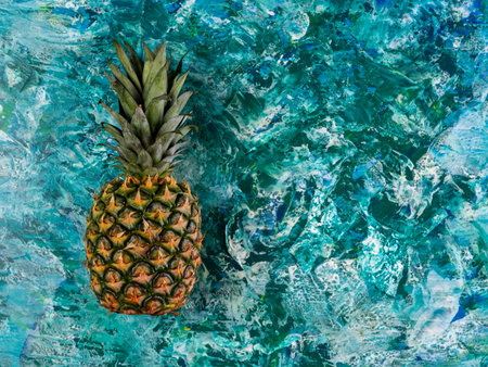 Pineapple lay on teal blue backgroundの写真素材