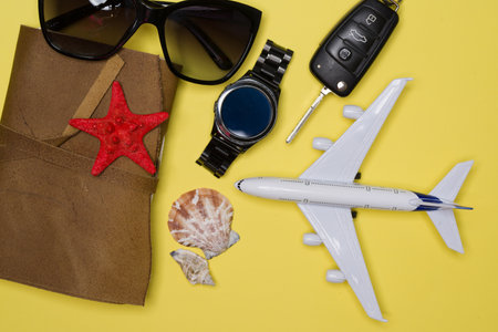 Airplane, sunglasses, watch, car key and agenda