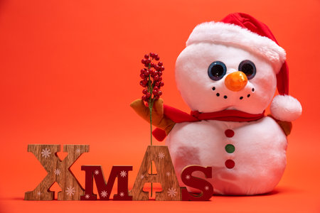 Snoman toy with wooden Xmas text signの写真素材