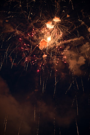 Red and orange colorful Firework exploding in the sky for anniversary. Light show in the sky