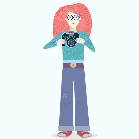 Nice woman photographer full-length with camera in her hands.  Flat vector illustration suitable for printed or web products.のイラスト素材