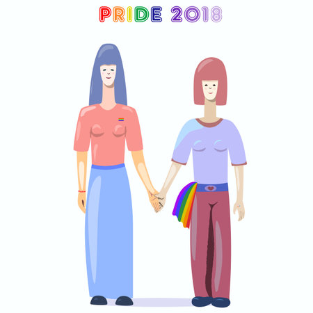 Nice illustration of two lesbians holding hands. To Caucasian girls standing together. Suitable for Gay Pride promo production or other printed or web products. Vector.のイラスト素材