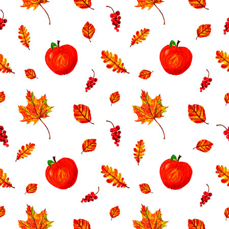 Seamless pattern with apples, autumn berries and leaves in Orange, Red and Yellow. Suitable for gift paper, wallpaper, pattern fills, prints for fabric and covers, web page background, greeting cards.の写真素材