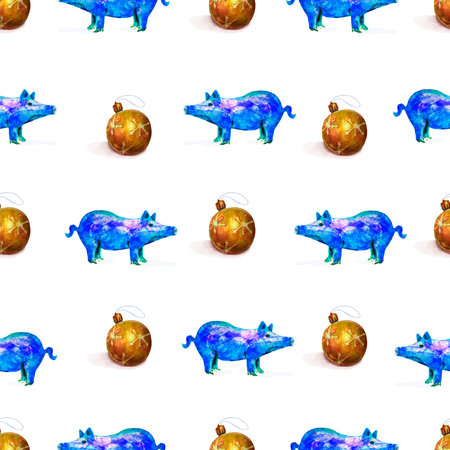 watercolor new year seamless pattern with Christmas balls and pigs - symbol of the year 2019. On white background. Suitable for wrapping paper etcの写真素材