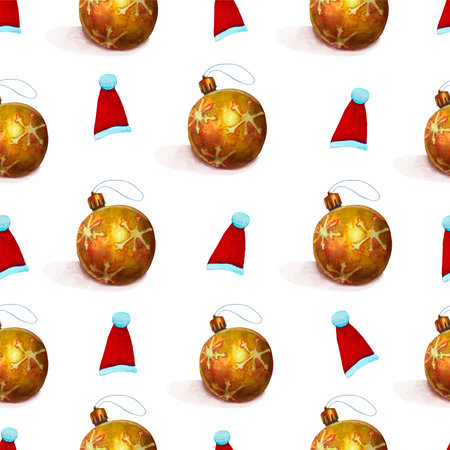 watercolor Christmas seamless pattern with golden new year balls and santa clause red hats. On white background. Suitable for wrapping paper etcの写真素材