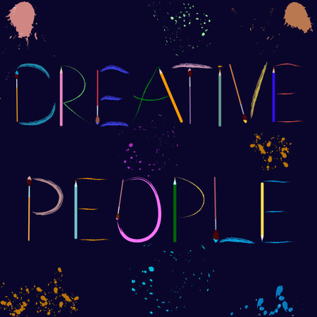 Colorful creative composition of designed letters. Lettering design with text Creative People. Imitation of brush painting and pencil lines. Vector. For web, print, advertising of art studios, partiesのイラスト素材