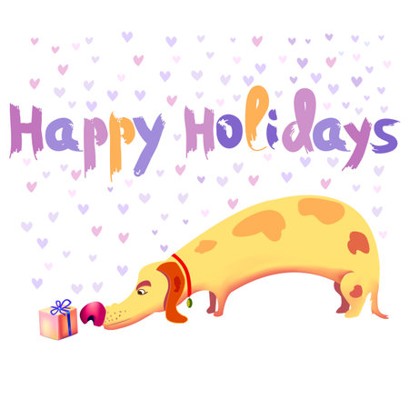 Holiday gift. Dog sniffing a beautiful gift. Yellow dachshund. Happy holidays illustration for birthday, christmas holidays etc. vector 10 epsのイラスト素材