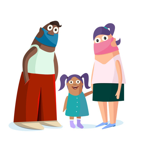 People wearing medical masks. White woman wearing a respirator, her husband using the mask incorrectly, a little girl without a mask. Mixed family during the coronavirus pandemic. Cute illustration.のイラスト素材