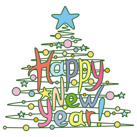 stylized christmas tree with happy new year lettering, decoration, stars and balls. joyful colorful vector line art illustration for greeting postcardのイラスト素材