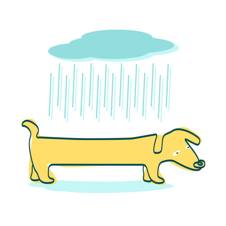 lonely sad homeless dachshund dog in the rain, line art vector illustration of yellow dog in childish styleのイラスト素材