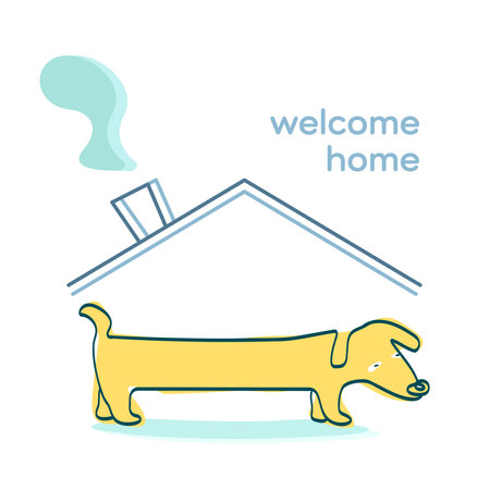 dog in a new home, line art vector illustration of yellow dog in childish style, welcome home posterのイラスト素材
