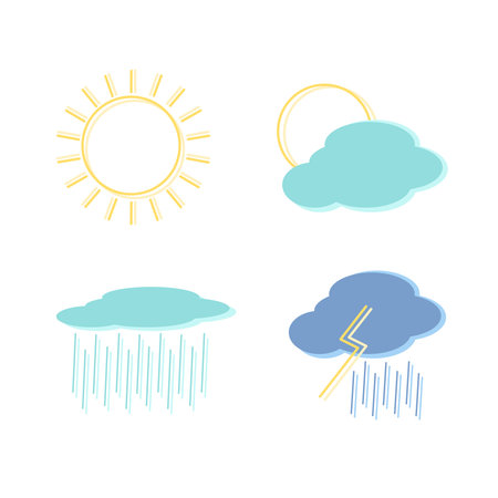 weather icons: sunny, cloudy, rainy and thunderstorm. minimalistic contemporary design for weather forecast, vector illustrations in blue and yellow shadesのイラスト素材
