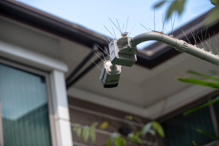 A cantilevered modern white security CCTV camera with pigeon spikes on top, pointing and checking to...