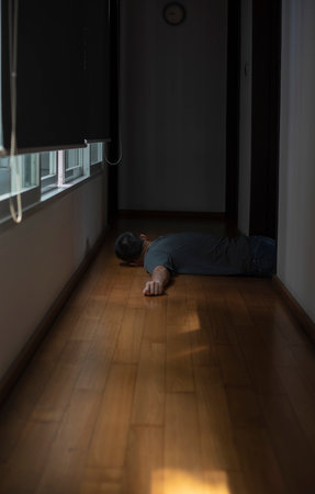 An old man lying down unconscious from a sudden heart attack in front of his bed room in a modern house during the day. He left alone on the wooden floor on the walkway.の写真素材