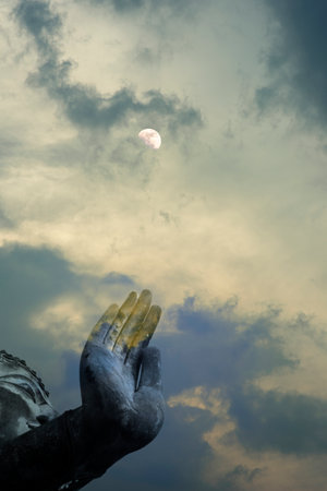 A peaceful superimposed or double exposure images of Sukhothai Buddha statue from Sukhothai...