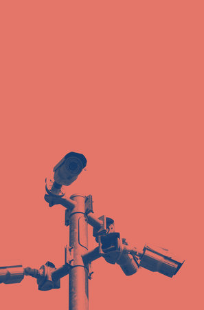 A security CCTV post with cameras installed in different directions on a bright and playful background in minimal and pop style.の写真素材