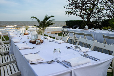wedding table setting on the beach in the evening, Thailand
